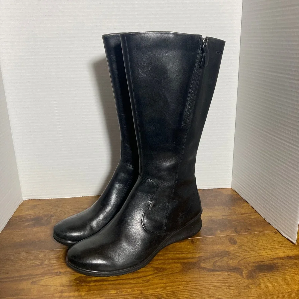 ECCO Gore-Tex Black‎ Leather Tall Boots Women EU 38 Side Zip Waterproof Comfort